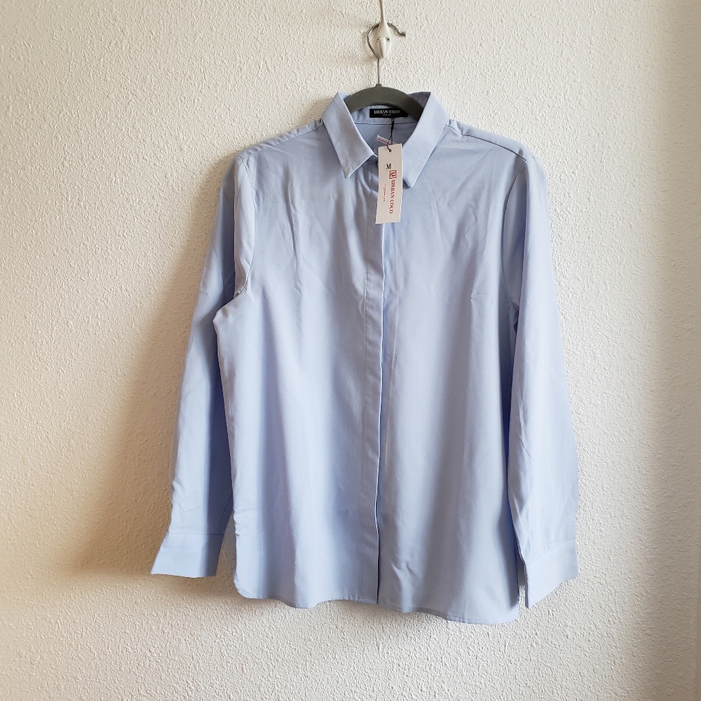 NWT Urban Coco Women Sky Blue Longsleeve Stretch Office Shirt#